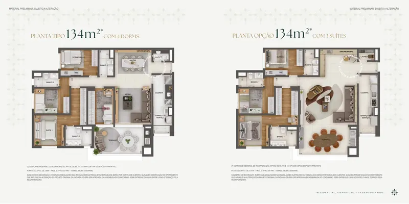 Planta: Apartamento de 134 m², 4 dormitórios (opção com 3 suítes)