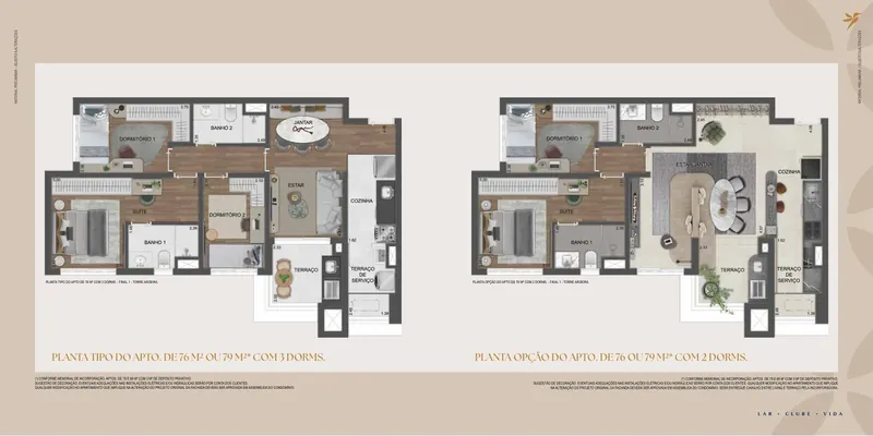 Planta: Apartamento de 76 ou 79 m², 3 dormitórios (com opção)