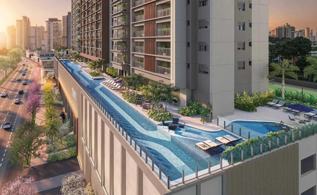 Perspectiva ilustrada da piscina de 100 metros no 3º pavimento