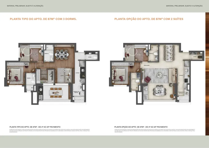 Planta: Apartamento de 87 m², 3 dormitórios (opção com 2 suítes)